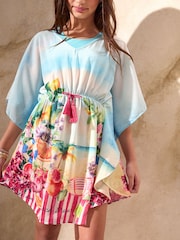 Lipsy Pink/Blue Beach Printed Chiffon Kaftan (5-16yrs) - Image 2 of 4