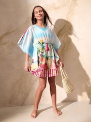 Lipsy Pink/Blue Beach Printed Chiffon Kaftan (5-16yrs) - Image 3 of 4