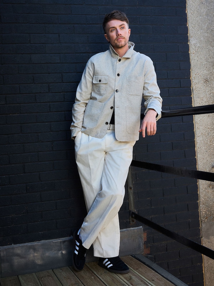 Neutral Smart Textured Chore Jacket with Linen - Image 2 of 10