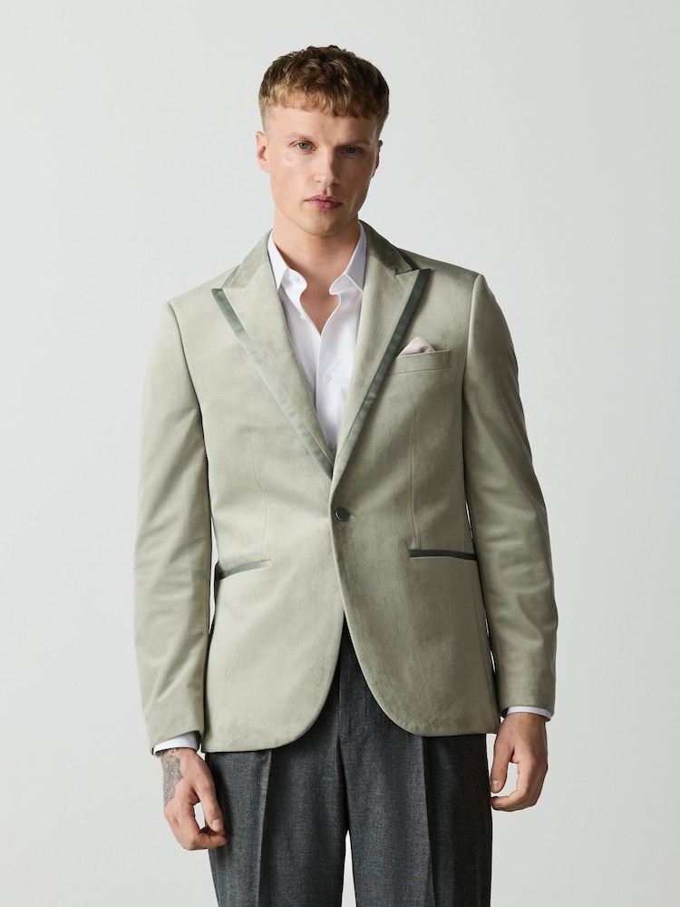 Sage Green Slim Fit Velvet Blazer - Image 1 of 15