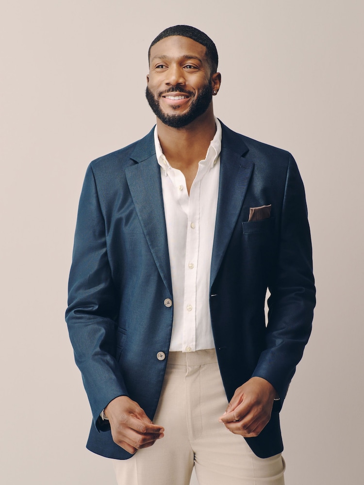 Navy Blue Muscle Fit N. Premium Linen Blend Blazer with Stretch and Tencel Lyocell - Image 1 of 11