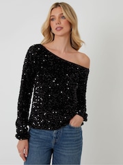 Threadbare Black Sequin Velour Long Sleeve Slash Neck Top - Image 3 of 6