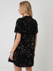 Threadbare Black High Neck Sequin Velour Mini Dress - Image 2 of 6