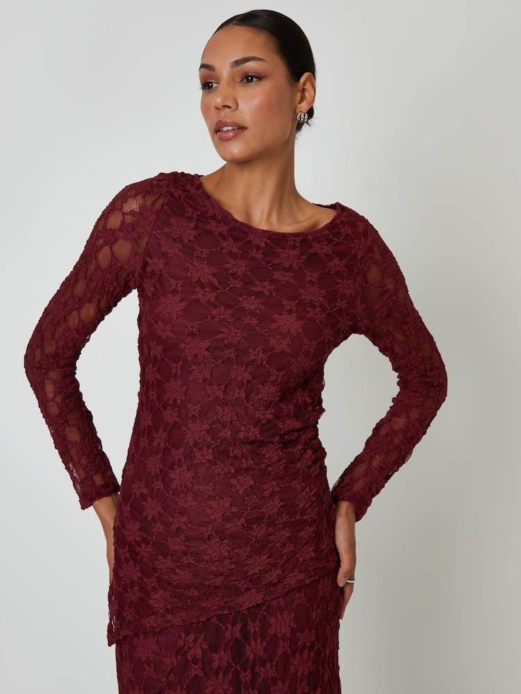 Threadbare Red Long Sleeve Asymmetric Lace Slash Neck Top - Image 1 of 4 Threadbare Red Long Sleeve Asymmetric Lace Slash Neck Top - Image 1 of 4