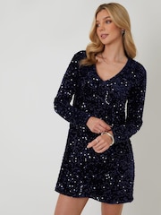 Threadbare Blue Sequin Velour V-Neck Mini Dress - Image 3 of 6