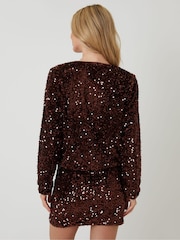 Threadbare Brown Sequin Zip-Up Bomber Jacket - Image 2 of 5