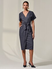 Jolie Moi Grey Short Sleeve Tie Waist Midi Dress - Image 1 of 5