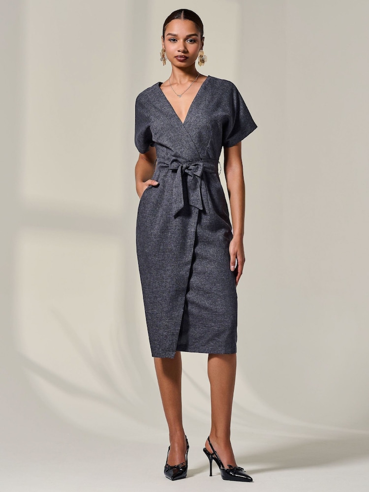 Jolie Moi Grey Short Sleeve Tie Waist Midi Dress - Image 1 of 5 Jolie Moi Grey Short Sleeve Tie Waist Midi Dress - Image 1 of 5