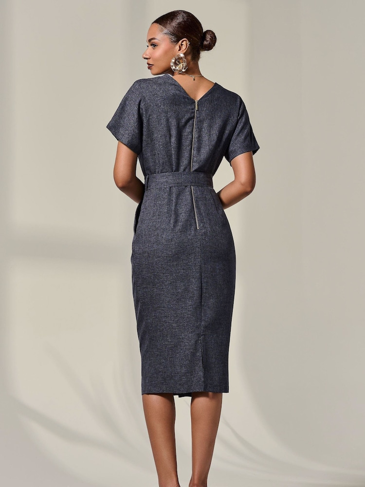 Jolie Moi Grey Short Sleeve Tie Waist Midi Dress - Image 2 of 5