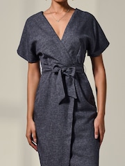 Jolie Moi Grey Short Sleeve Tie Waist Midi Dress - Image 3 of 5