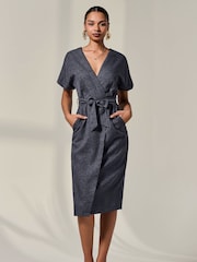 Jolie Moi Grey Short Sleeve Tie Waist Midi Dress - Image 4 of 5