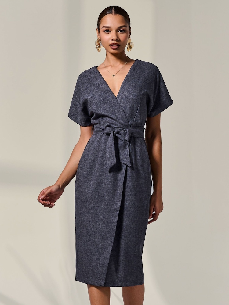 Jolie Moi Grey Short Sleeve Tie Waist Midi Dress - Image 5 of 5