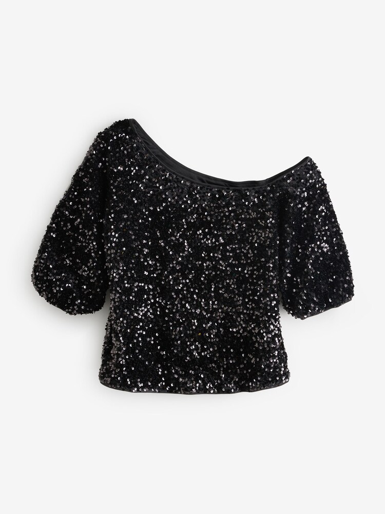 Threadbare Black Sequin Velour Slash Neck Top - Image 5 of 5 Threadbare Black Sequin Velour Slash Neck Top - Image 5 of 5