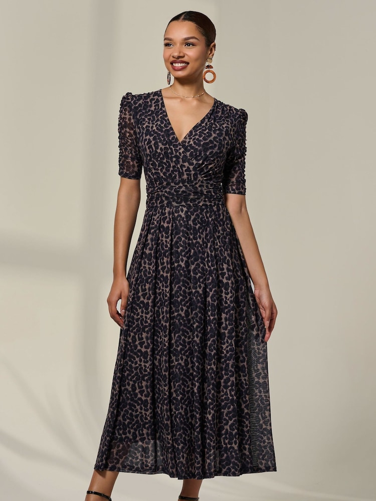 Jolie Moi Brown Ruched Sleeve Mesh Dress - Image 1 of 6