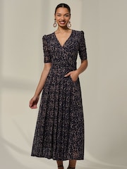 Jolie Moi Brown Ruched Sleeve Mesh Dress - Image 4 of 6