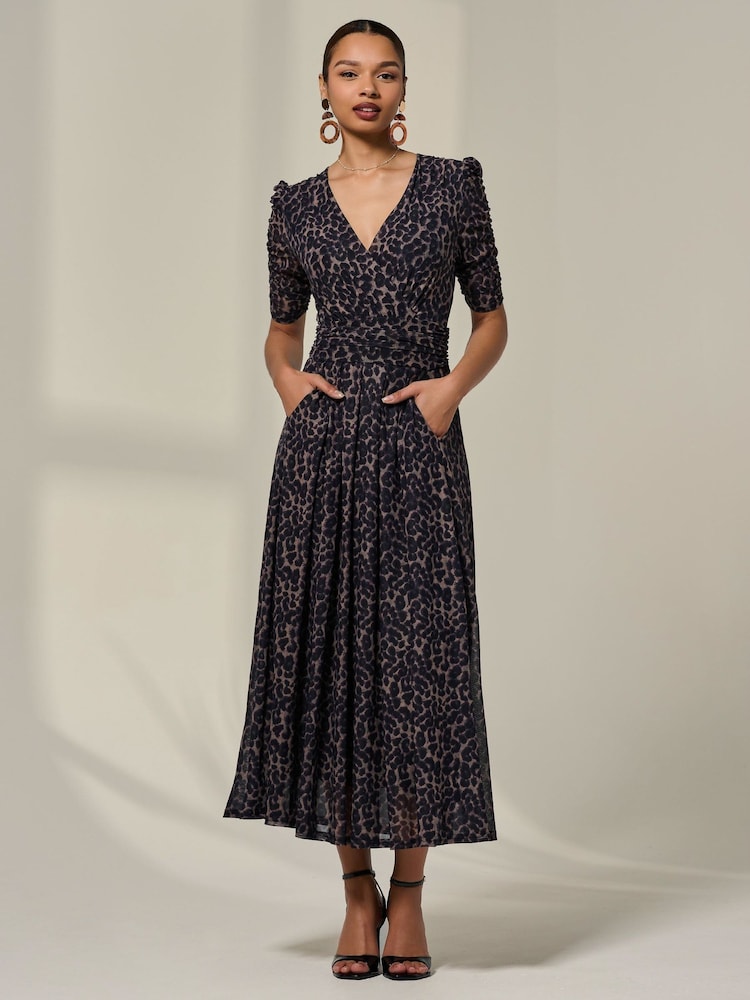 Jolie Moi Brown Ruched Sleeve Mesh Dress - Image 6 of 6