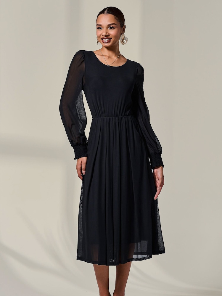 Jolie Moi Black Long Sleeve Mesh Midi Dress - Image 1 of 6
