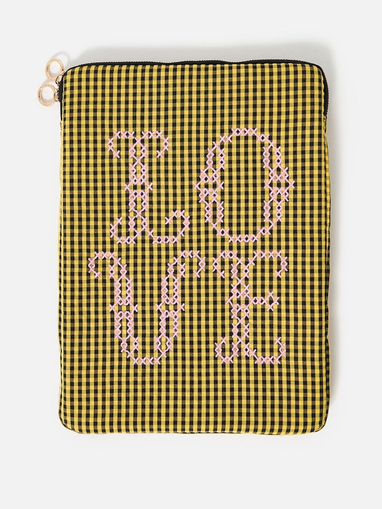 Oliver Bonas Yellow & Black Gingham Love Cross Stitch Laptop Case - Image 1 of 4 Oliver Bonas Yellow & Black Gingham Love Cross Stitch Laptop Case - Image 1 of 4