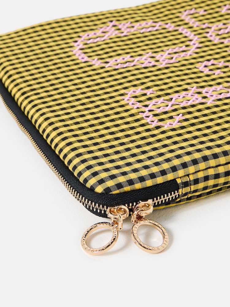 Oliver Bonas Yellow & Black Gingham Love Cross Stitch Laptop Case - Image 2 of 4 Oliver Bonas Yellow & Black Gingham Love Cross Stitch Laptop Case - Image 2 of 4