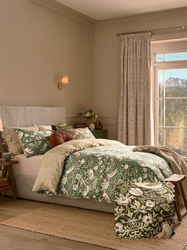 William Morris At Home Nettle Green Strawberry Thief Duvet Cover and Pillowcase Set - Image 1 of 7