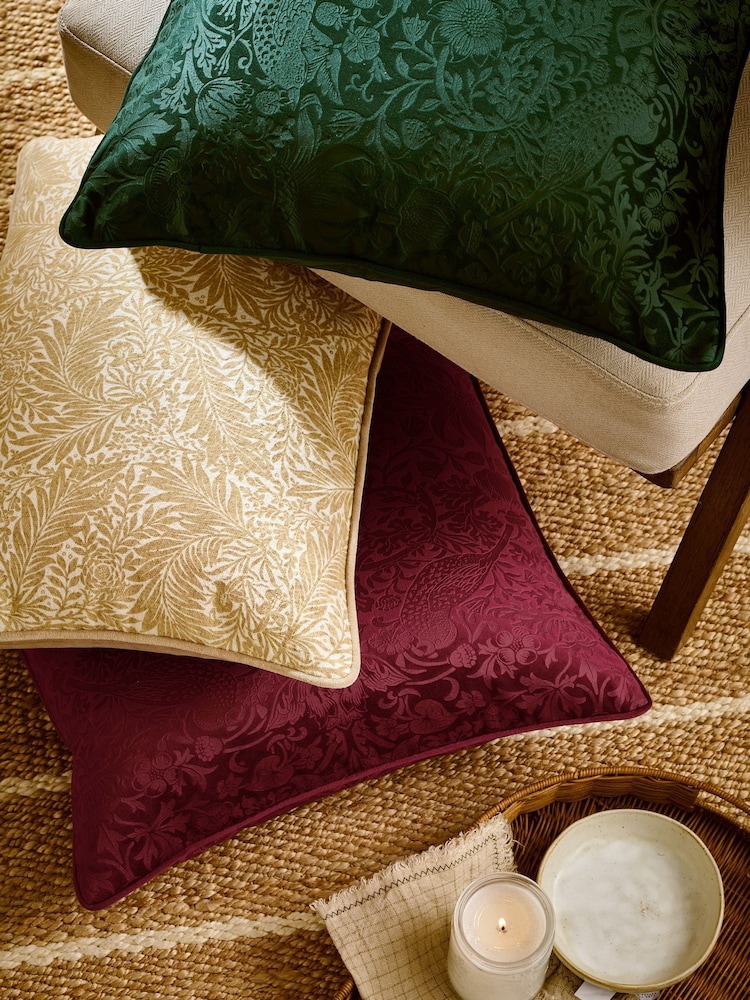 William Morris At Home Forest Green Strawberry Thief Embossed Cushion - Image 2 of 3