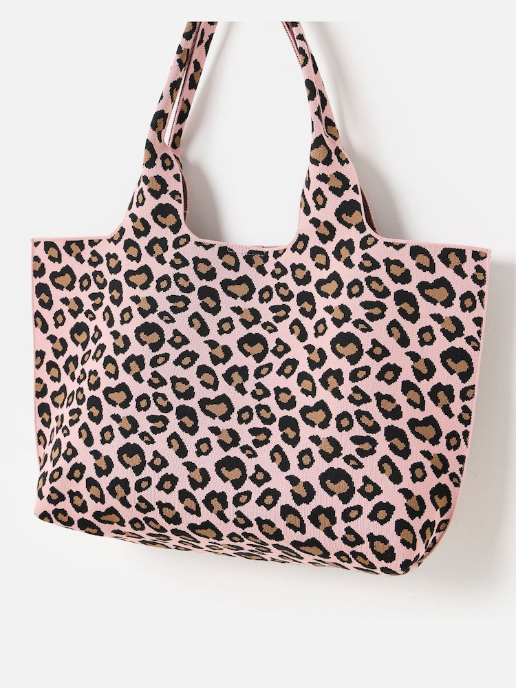 Oliver Bonas Pink Light Pink & Brown Leopard Print Knitted Tote Bag - Image 1 of 6 Oliver Bonas Pink Light Pink & Brown Leopard Print Knitted Tote Bag - Image 1 of 6