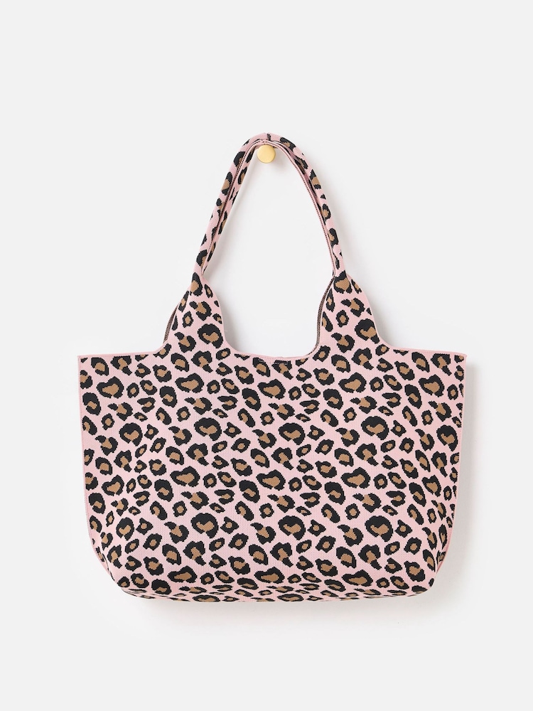Oliver Bonas Pink Light Pink & Brown Leopard Print Knitted Tote Bag - Image 2 of 6 Oliver Bonas Pink Light Pink & Brown Leopard Print Knitted Tote Bag - Image 2 of 6