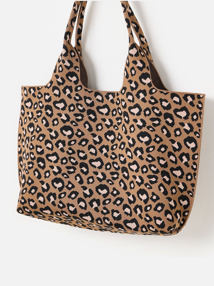 Oliver Bonas Brown Leopard Print Knitted Tote Bag - Image 1 of 5 Oliver Bonas Brown Leopard Print Knitted Tote Bag - Image 1 of 5