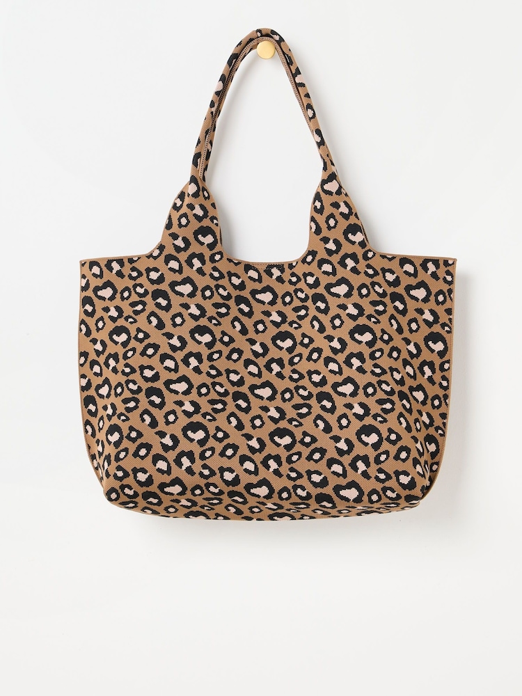 Oliver Bonas Brown Leopard Print Knitted Tote Bag - Image 2 of 5 Oliver Bonas Brown Leopard Print Knitted Tote Bag - Image 2 of 5