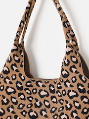 Oliver Bonas Brown Leopard Print Knitted Tote Bag - Image 4 of 5