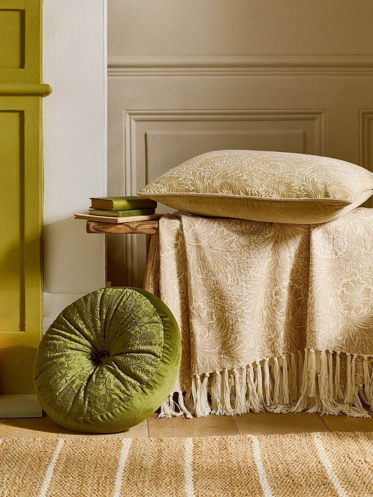 William Morris At Home Olive Green Strawberry Thief Embossed Circular Cushion - Image 1 of 3