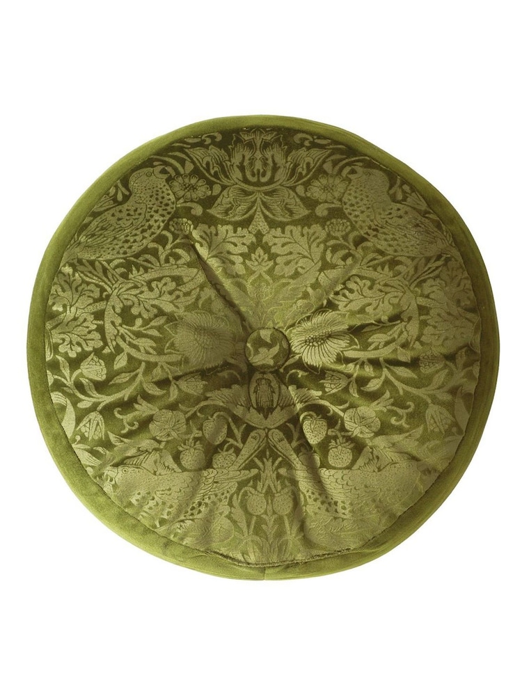 William Morris At Home Olive Green Strawberry Thief Embossed Circular Cushion - Image 3 of 3 William Morris At Home Olive Green Strawberry Thief Embossed Circular Cushion - Image 3 of 3