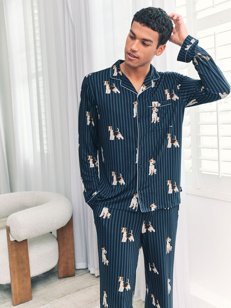 Chelsea Peers Blue Terrier Dog Stripe Print Long Pyjamas Set - Image 1 of 6