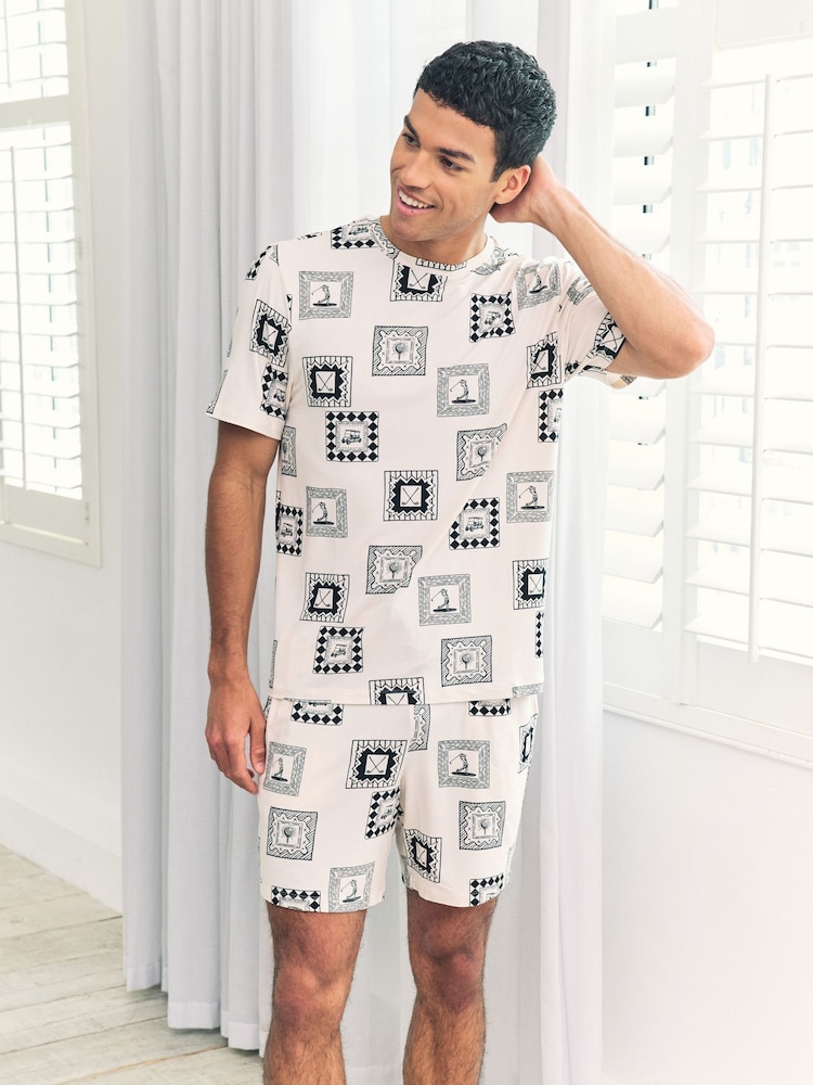 Chelsea Peers White Fairway Frames Print Short Pyjamas Set - Image 1 of 6 Chelsea Peers White Fairway Frames Print Short Pyjamas Set - Image 1 of 6