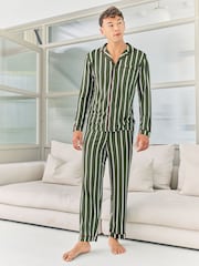 Chelsea Peers Green Stripe Button Up Long Pyjamas Set - Image 1 of 7