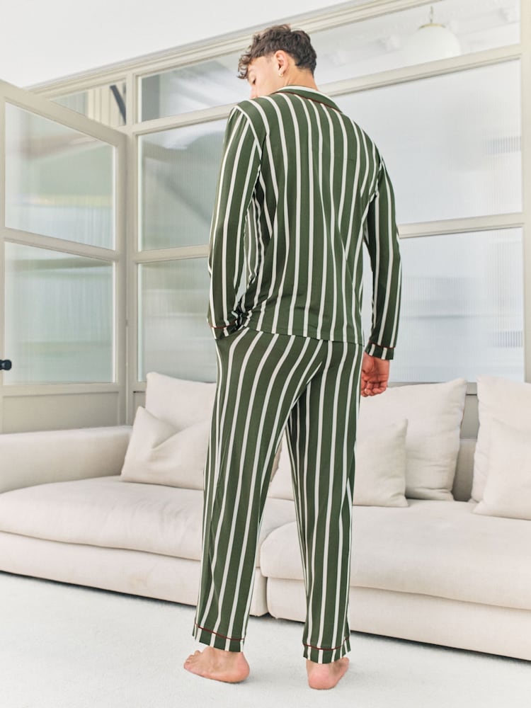 Chelsea Peers Green Stripe Button Up Long Pyjamas Set - Image 2 of 7