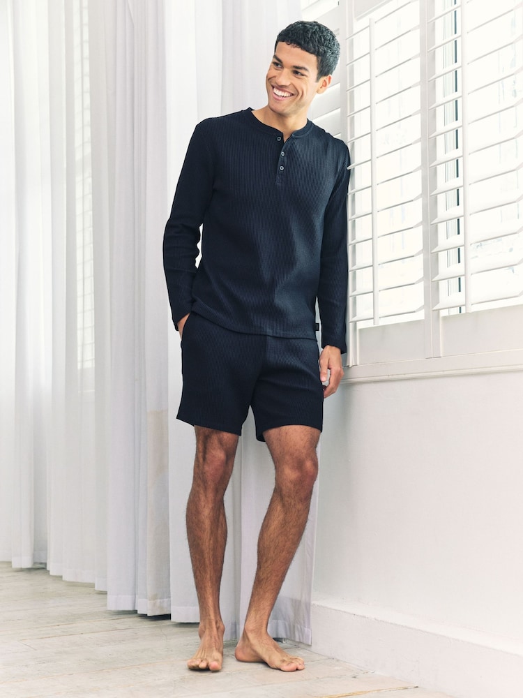 Chelsea Peers Blue Waffle Lounge Shorts - Navy - Image 2 of 4 Chelsea Peers Blue Waffle Lounge Shorts - Navy - Image 2 of 4