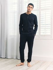Chelsea Peers Blue Waffle Henley Lounge Top - Navy - Image 2 of 5