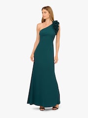 Adrianna Papell Green One Shoulder Ruffle Crepe Gown - Image 1 of 6