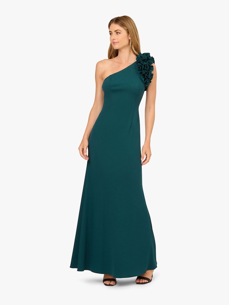 Adrianna Papell Green One Shoulder Ruffle Crepe Gown - Image 1 of 6 Adrianna Papell Green One Shoulder Ruffle Crepe Gown - Image 1 of 6