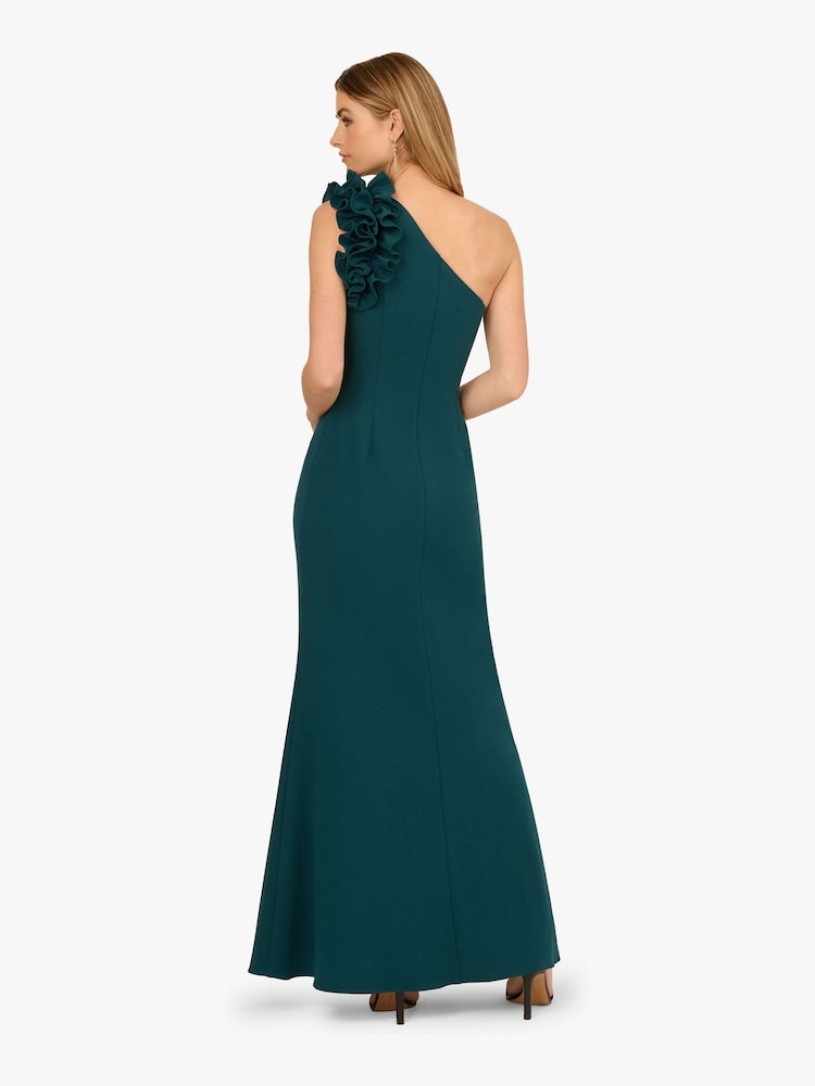 Adrianna Papell Green One Shoulder Ruffle Crepe Gown - Image 2 of 6