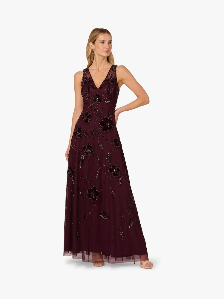 Adrianna Papell Purple Bead Velvet Flower Long Dress - Image 1 of 6