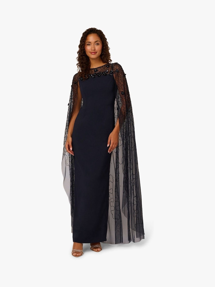 Adrianna Papell Blue Bead Cape Crepe Long Dress - Image 1 of 6