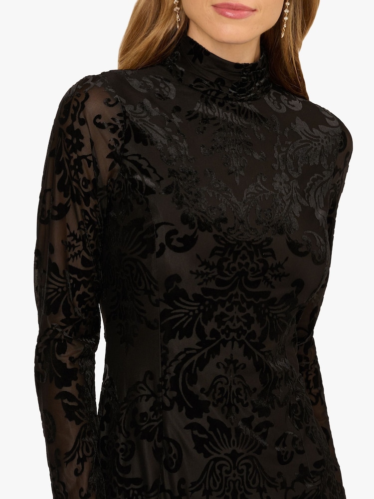 Long Sleeve Damask Burnout Velvet Midi Dress In Black Long Sleeve Damask Burnout Velvet Midi Dress In Black