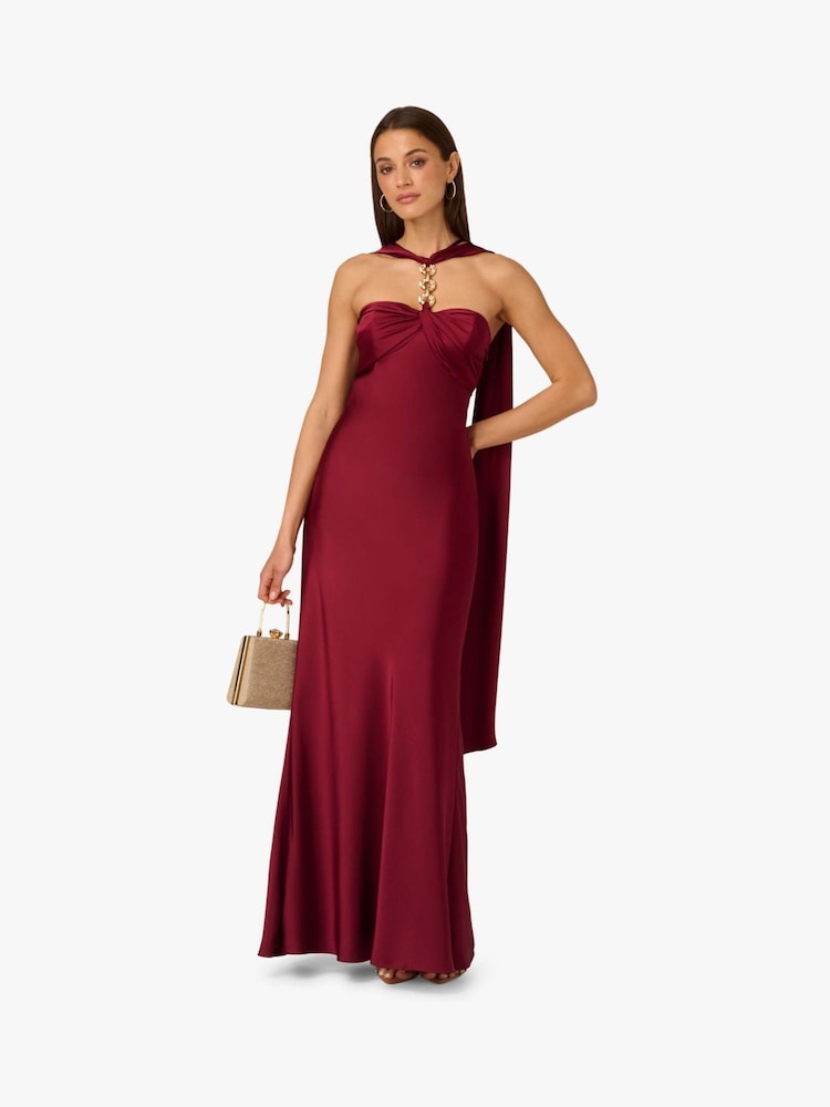 red adrianna papell dress Strapless Scarf Chain Satin Dress In Crimson Haze