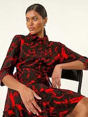 Roman Red Abstract Print Tie Waist Shirt Dress - Image 1 of 5