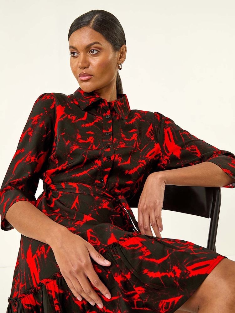 Roman Red Abstract Print Tie Waist Shirt Dress - Image 1 of 5