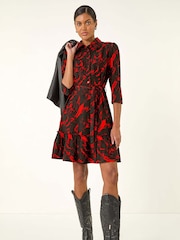Roman Red Abstract Print Tie Waist Shirt Dress - Image 2 of 5