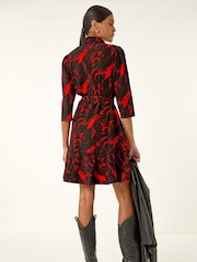 Roman Red Abstract Print Tie Waist Shirt Dress - Image 3 of 5