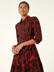 Roman Red Abstract Print Tie Waist Shirt Dress - Image 4 of 5